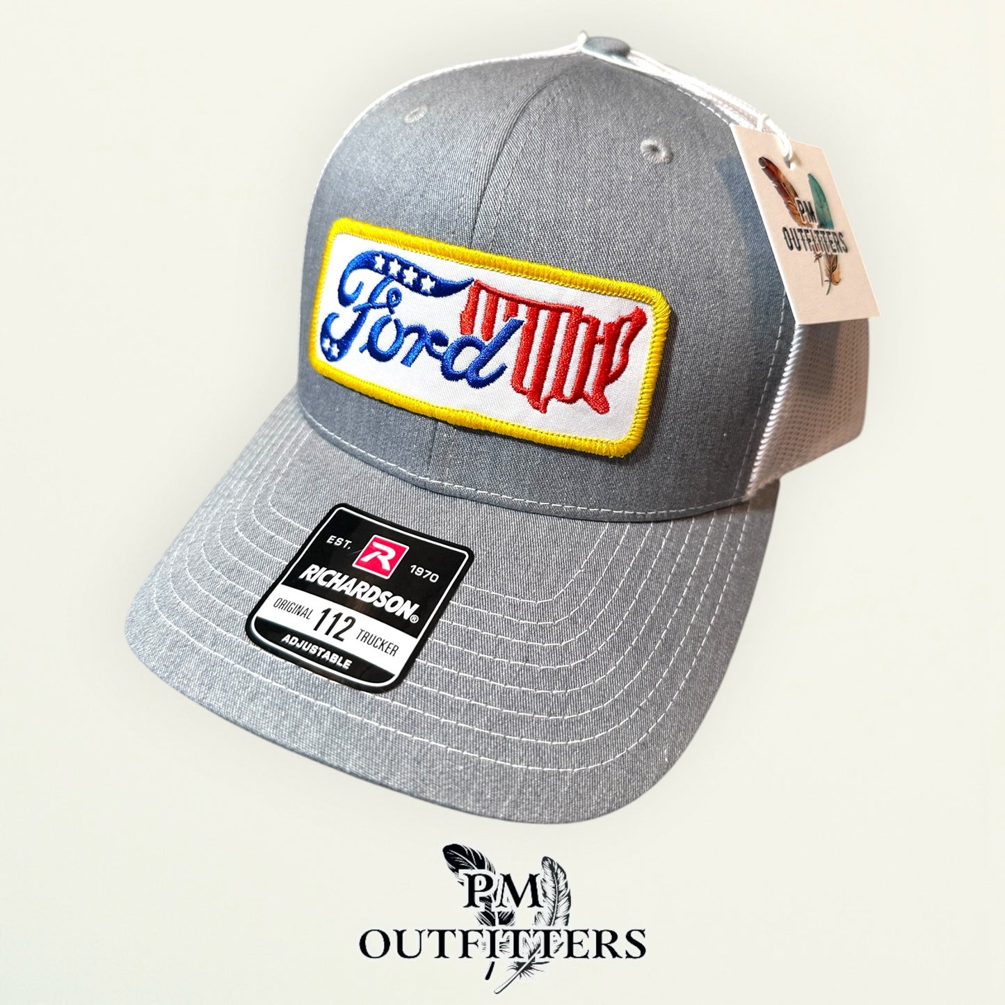 Ford USA Patriotic Patch Trucker Hat - PM Outfitters | Richardson 112 Heather Gray White American Automotive Heritage