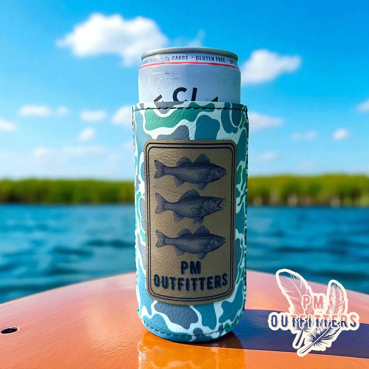 PM Outfitters Custom Design 3-Fish Leatherette Low Tide Camo Slim Can Koozie