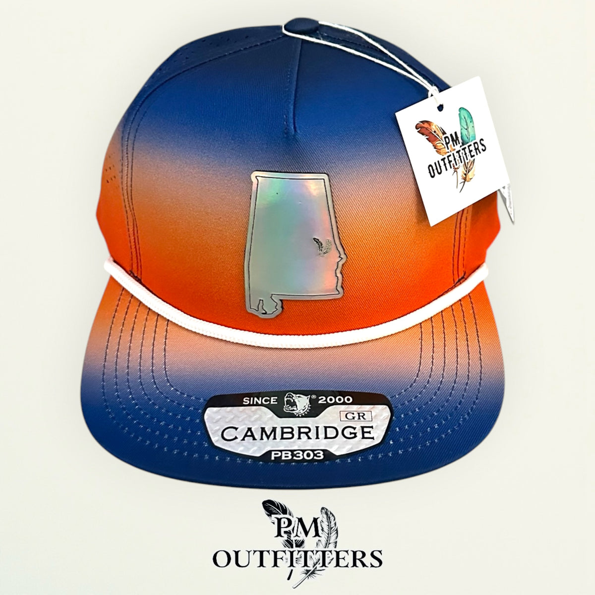 PM Outfitters Auburn Tailgate Season holographic vegan leather Alabama state outline patch trucker hat Auburn two-feather logo blue orange gradient