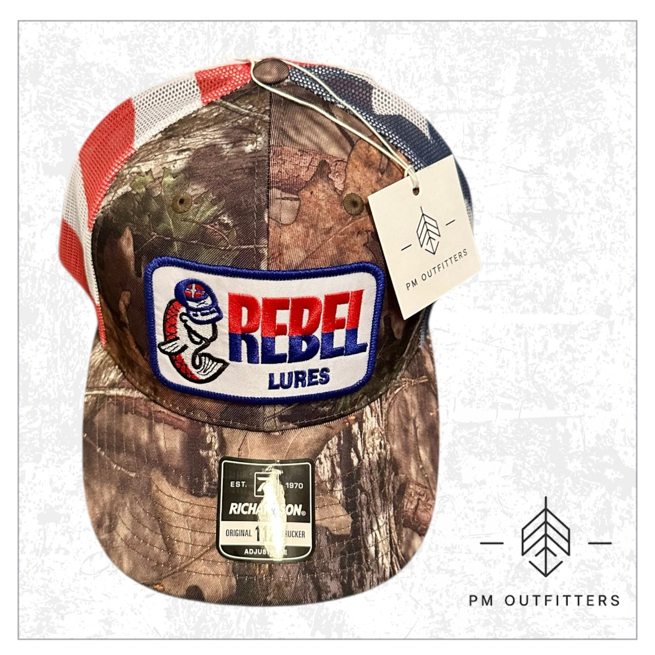 Rebel Lures Patch on Camo & American Flag Trucker Hat