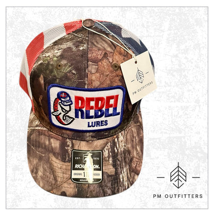Rebel Lures Patch on Camo & American Flag Trucker Hat