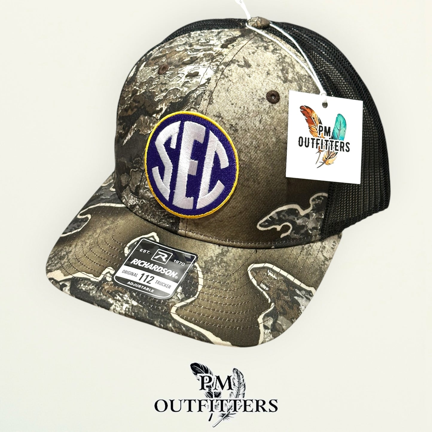 LSU SEC Jersey Patch Trucker Hat | PM Outfitters Richardson 112 Realtree Excape Camo | Purple & Gold