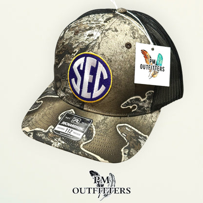 LSU SEC Jersey Patch Trucker Hat | PM Outfitters Richardson 112 Realtree Excape Camo | Purple & Gold