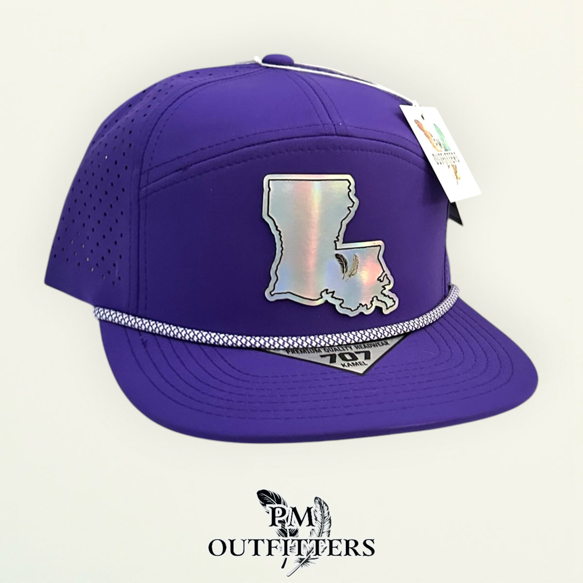 PM Outfitters LSU Tailgate Season holographic vegan leather Louisiana state outline patch trucker hat Baton Rouge two-feather logo purple gold