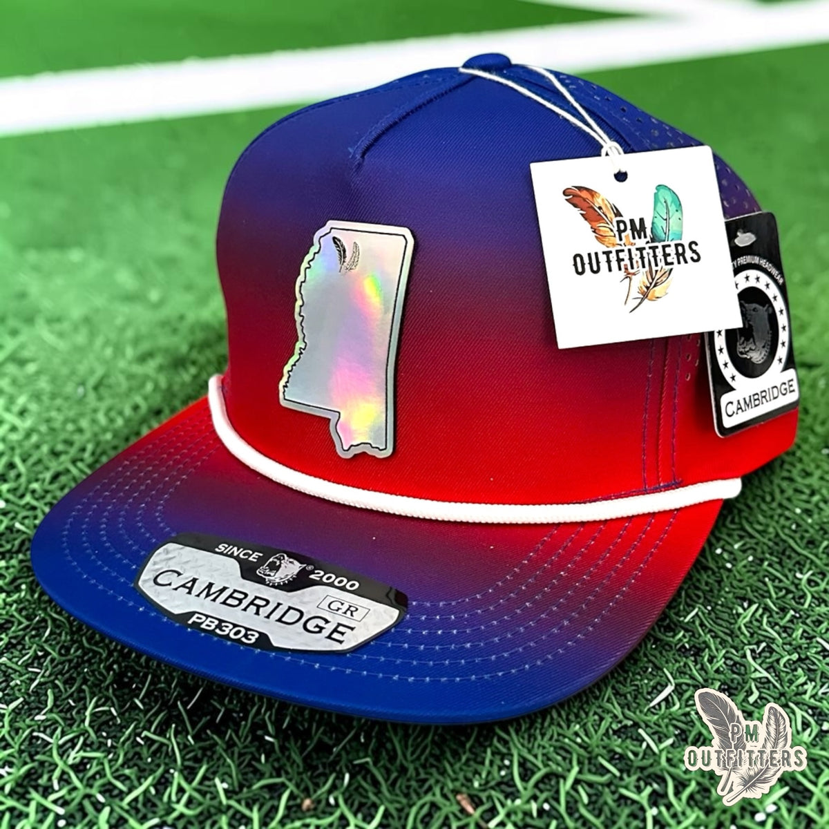 PM Outfitters Ole Miss Tailgate Season holographic vegan leather Mississippi state outline patch trucker hat Oxford two-feather logo blue red gradient