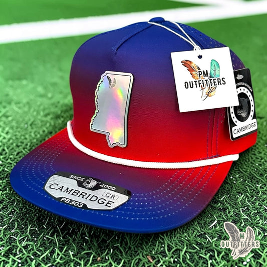 PM Outfitters Ole Miss Tailgate Season holographic vegan leather Mississippi state outline patch trucker hat Oxford two-feather logo blue red gradient