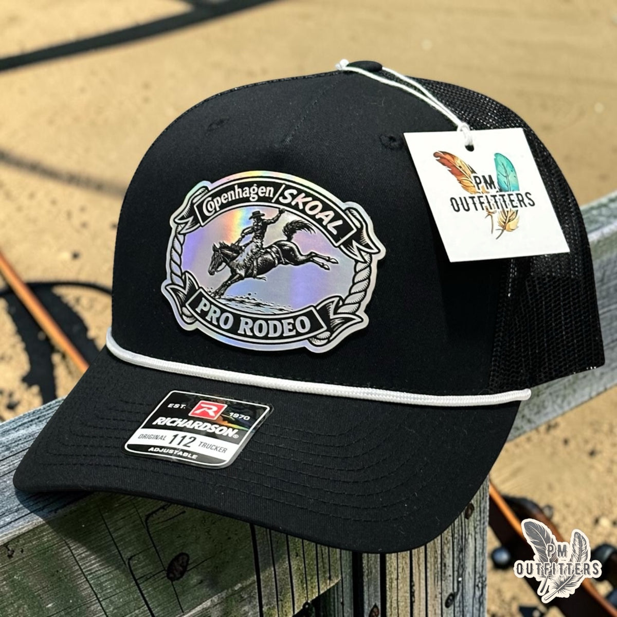 PM Outfitters Copenhagen Skoal Pro Rodeo trucker hat black white Richardson 112 rope holographic patch