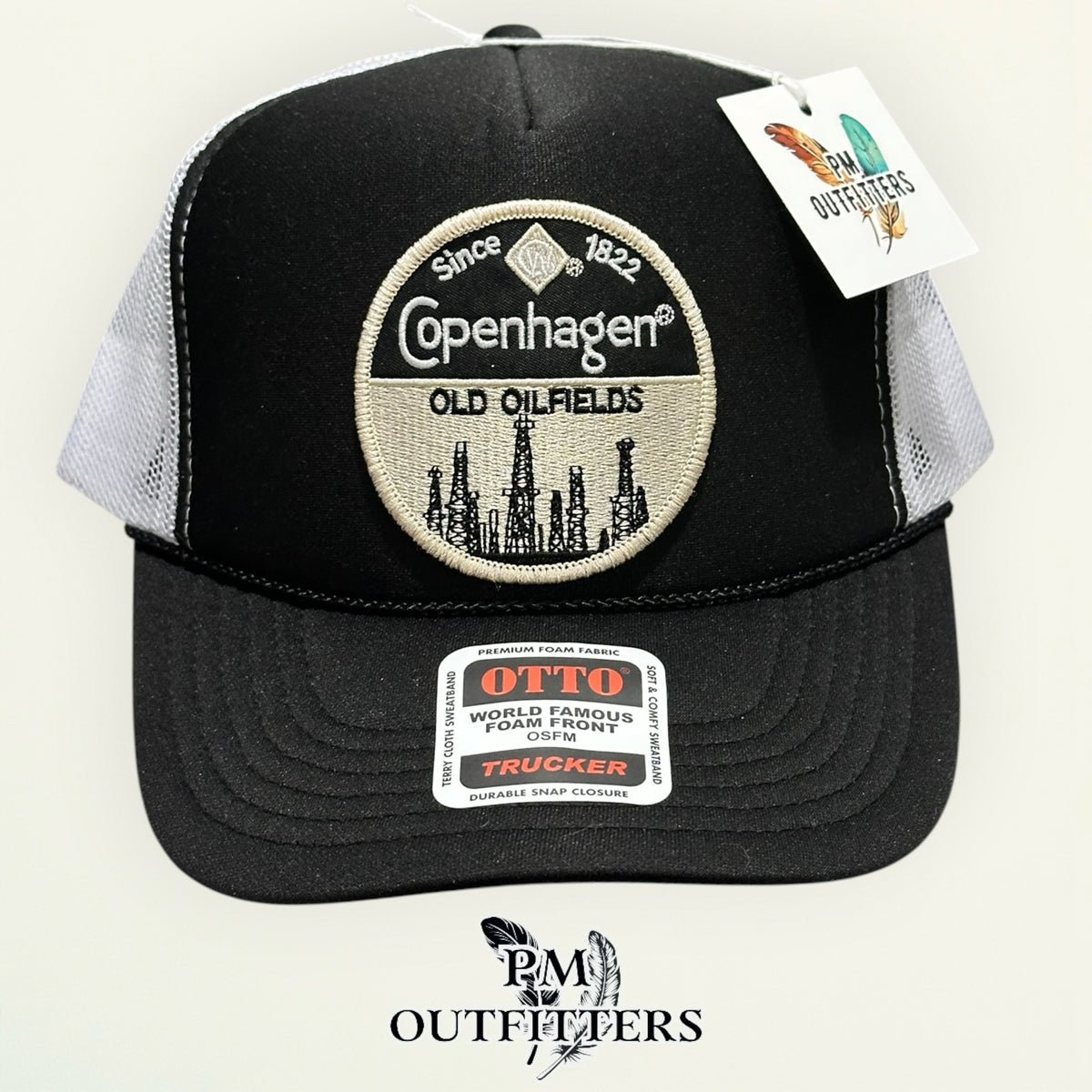 PM Outfitters hang tag Copenhagen Old Oilfields black white trucker hat