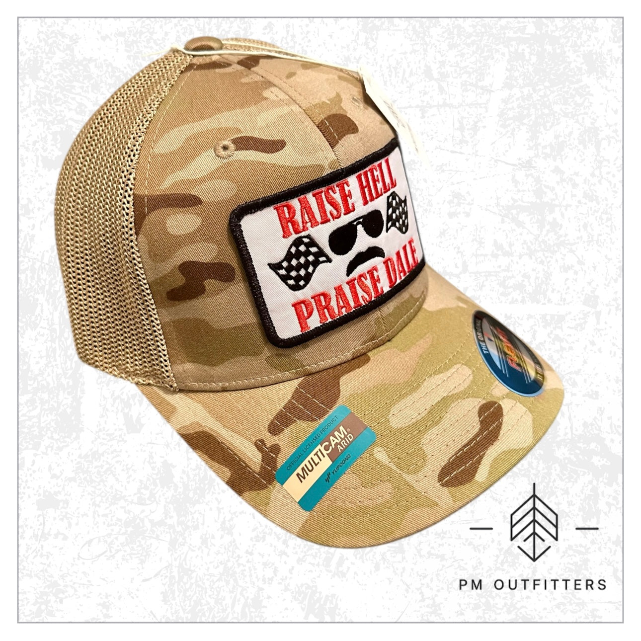 Raise Hell Praise Dale Retro NASCAR FlexFit Camo Trucker Hat