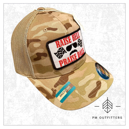 Raise Hell Praise Dale Retro NASCAR FlexFit Camo Trucker Hat