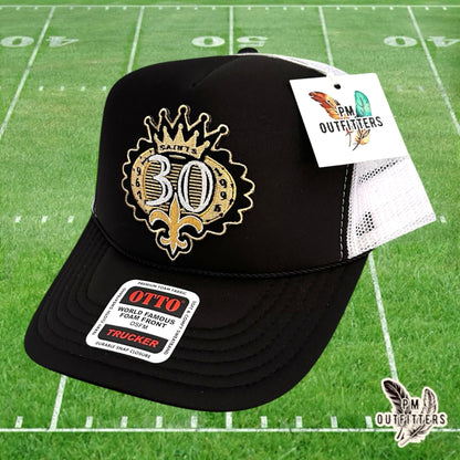 PM Outfitters New Orleans Saints 30th Anniversary embroidered patch Otto foam front rope black white trucker hat