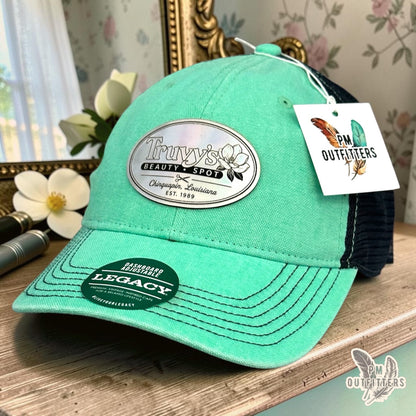 PM Outfitters Truvy's Beauty Spot trucker hat mint navy Legacy Dashboard Steel Magnolias Dolly Parton tribute holographic patch