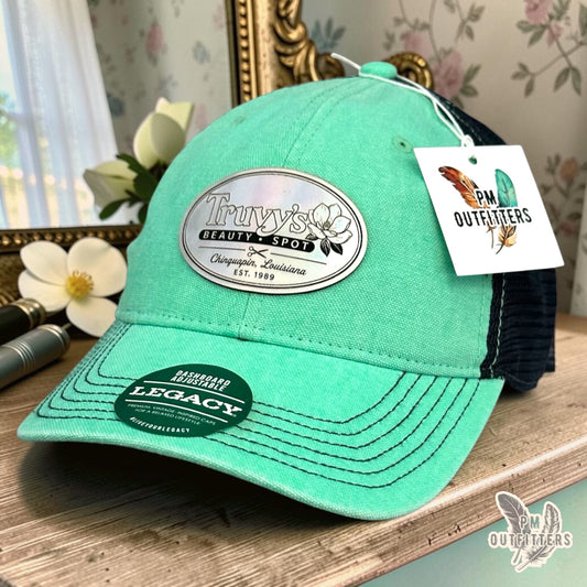 PM Outfitters Truvy's Beauty Spot trucker hat mint navy Legacy Dashboard Steel Magnolias Dolly Parton tribute holographic patch