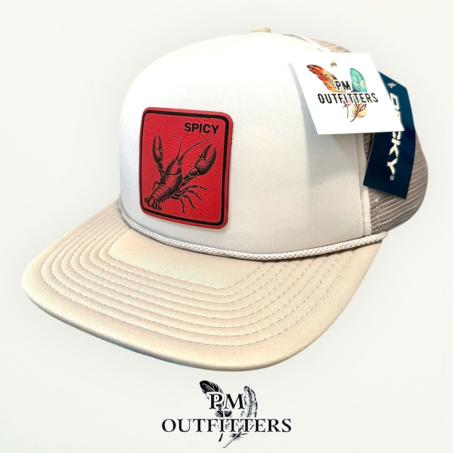 Spicy Crawfish Laser Engraved Patch Hat | Decky Foam Flat Bill Rope Trucker Gray White | PM Outfitters Exclusive Design