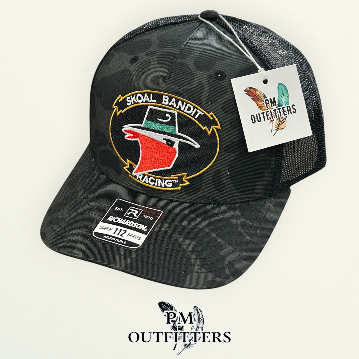 PM Outfitters hang tag Skoal Bandit Racing Sable Duck camo trucker hat