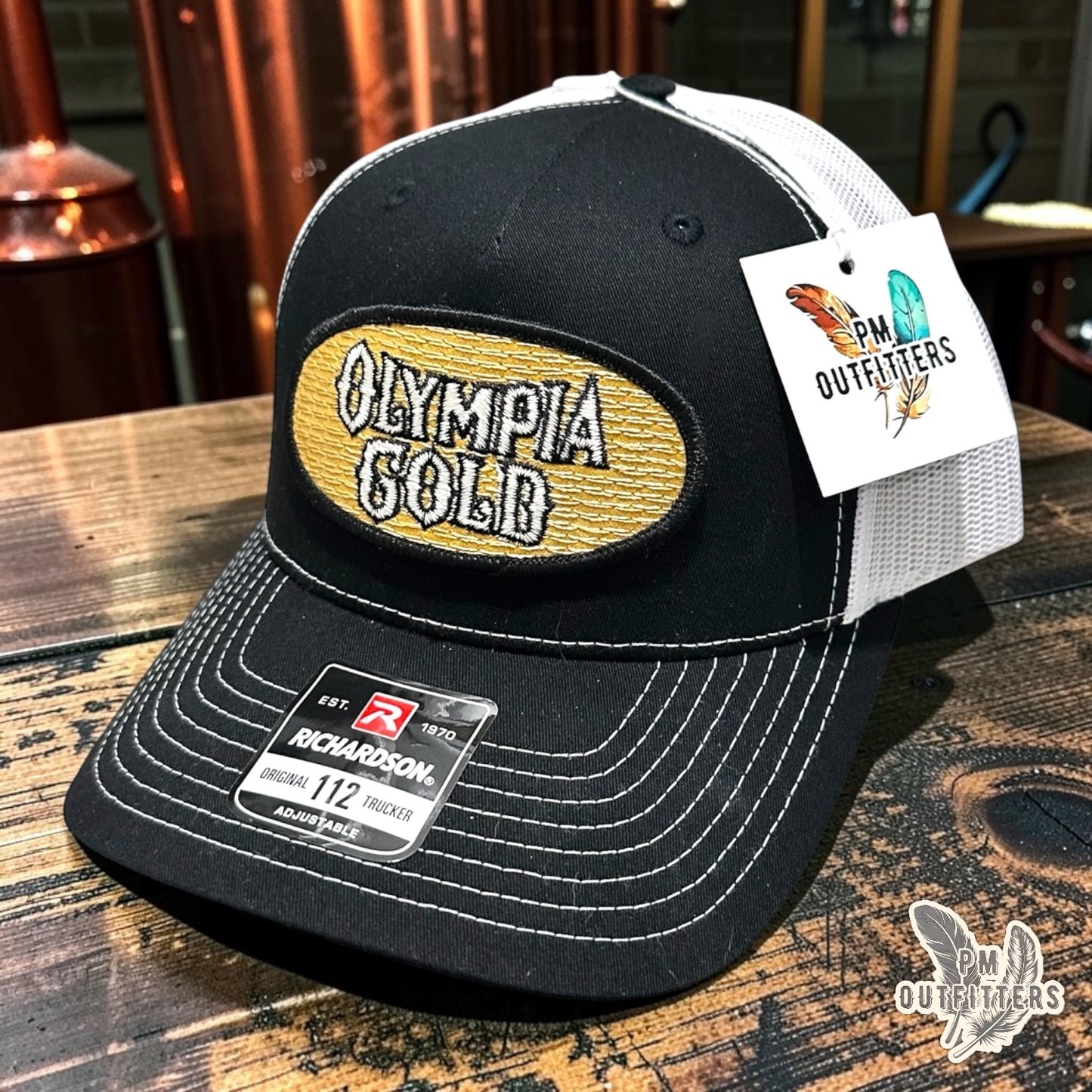 Olympia Gold Trucker Hat – PM Outfitters True Vintage Patch | Richardson 112 Black & White Brewery Heritage