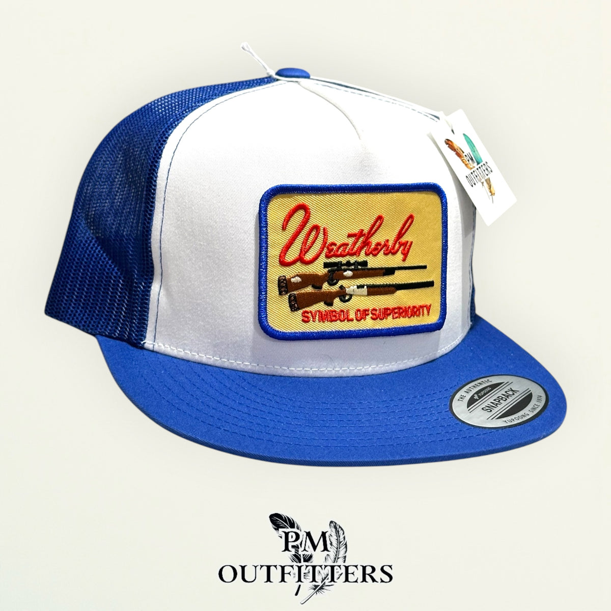 Weatherby flat bill hat profile view white front blue brim