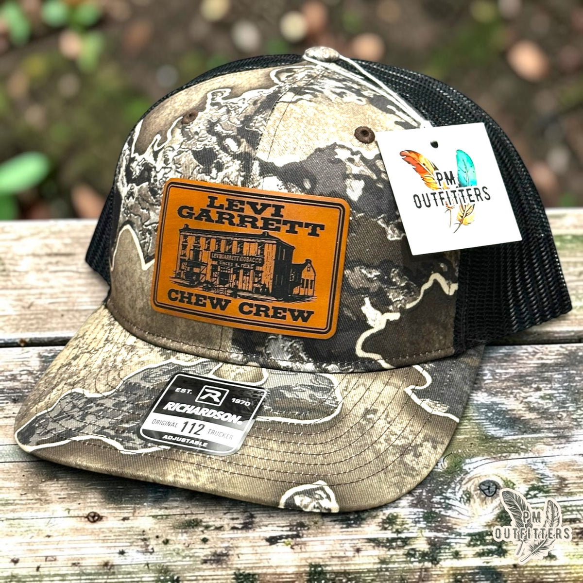 PM Outfitters Levi Garrett Chew Crew trucker hat camo Richardson 112 vegan leather patch