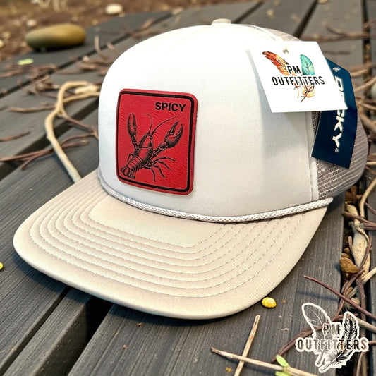 Spicy Crawfish Laser Engraved Patch Hat | Decky Foam Flat Bill Rope Trucker Gray White | PM Outfitters Exclusive Design