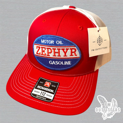 Vintage Zephyr Motor Oil & Gasoline Trucker Hat - Red & White Richardson 112