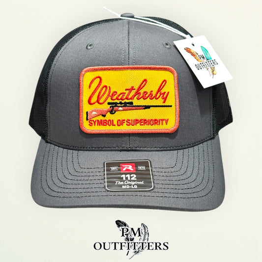 Weatherby Symbol of Superiority patch detail rifle scope embroidered trucker hat