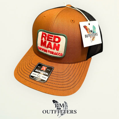 Red Man Chewing Tobacco Vintage Patch Hat - Authentic 1970s-80s | Richardson 112 Caramel Black Baseball