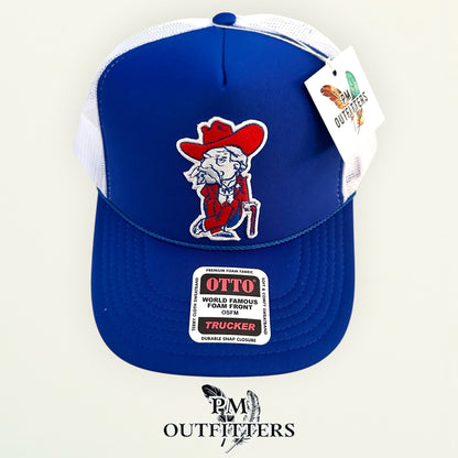 PM Outfitters Ole Miss Colonel Reb retro mascot patch Otto foam front rope royal blue white trucker hat