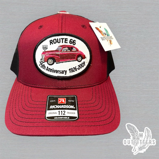 Vintage Route 66 75th Anniversary Patch Trucker Hat - Richardson 112 Maroon Black