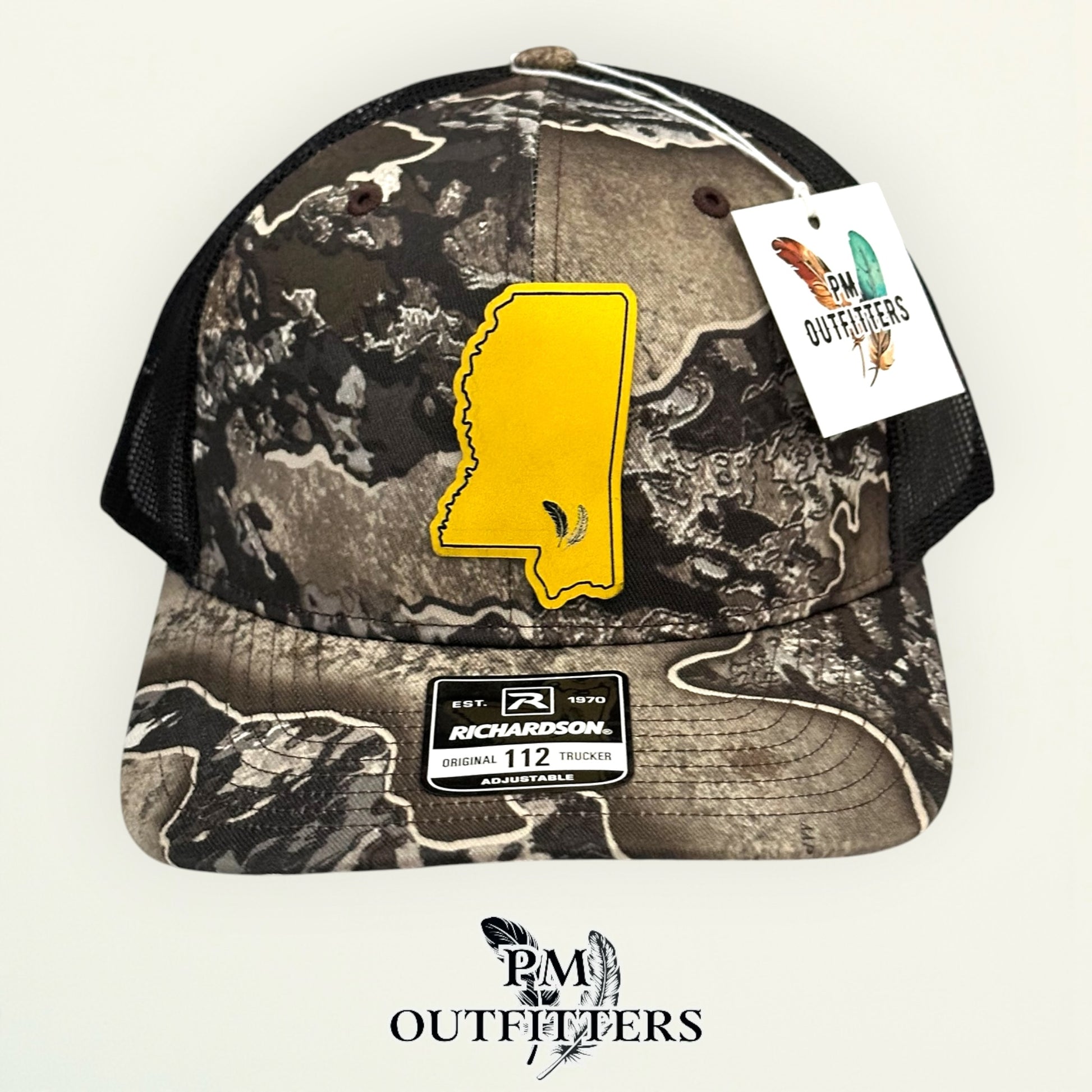 PM Outfitters Southern Miss Tailgate Season gold black vegan leather patch Richardson 112 Realtree Excape camo trucker hat