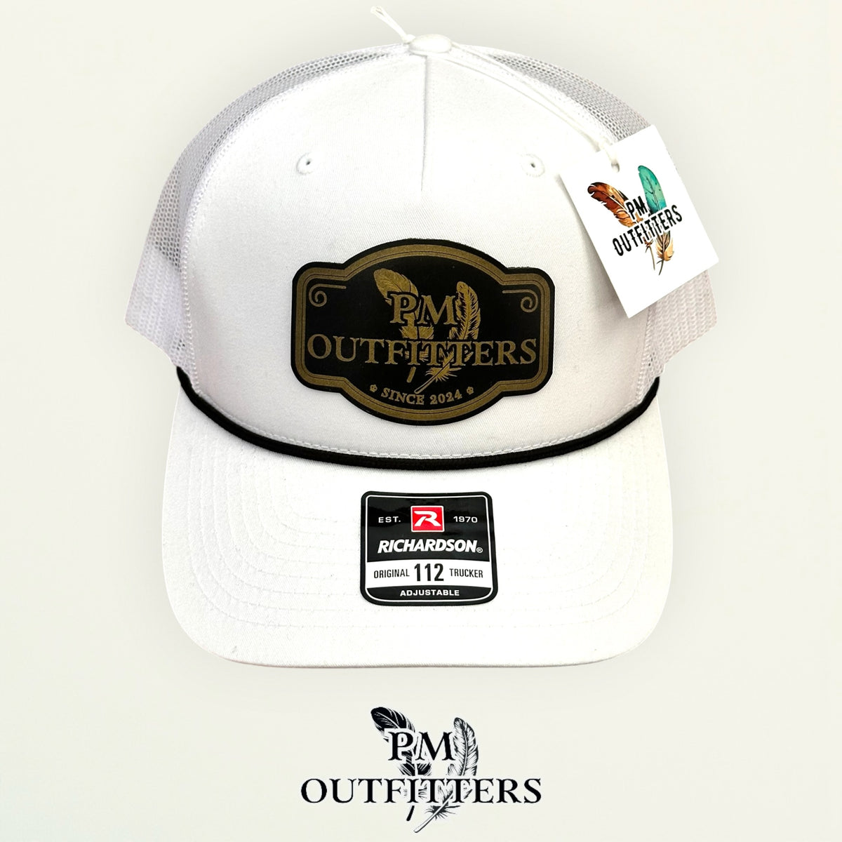 PM Outfitters trucker hat white mesh back black rope trim Richardson 112