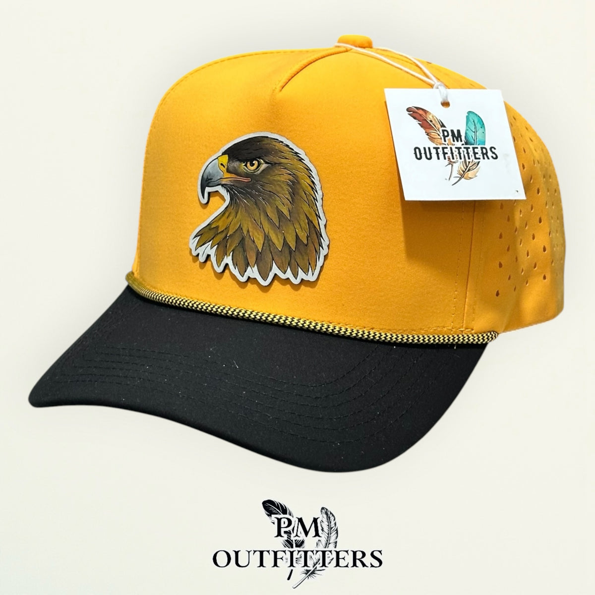 Back of the black and gold Dallas 804 rope cap showing the adjustable snapback closure, PM Outfitters True Originals