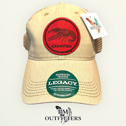 Crawfish Laser Engraved Patch Hat | Legacy Dashboard Trucker Tan Khaki | PM Outfitters Exclusive Design