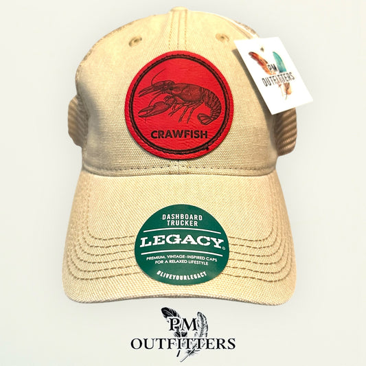 Crawfish Laser Engraved Patch Hat | Legacy Dashboard Trucker Tan Khaki | PM Outfitters Exclusive Design