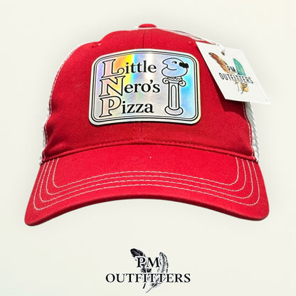 Little Nero's Pizza patch detail mascot column holographic script