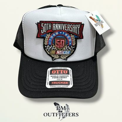NASCAR 50th Anniversary Trucker Hat – PM Outfitters True Vintage Patch | Otto Foam Rope Black & White