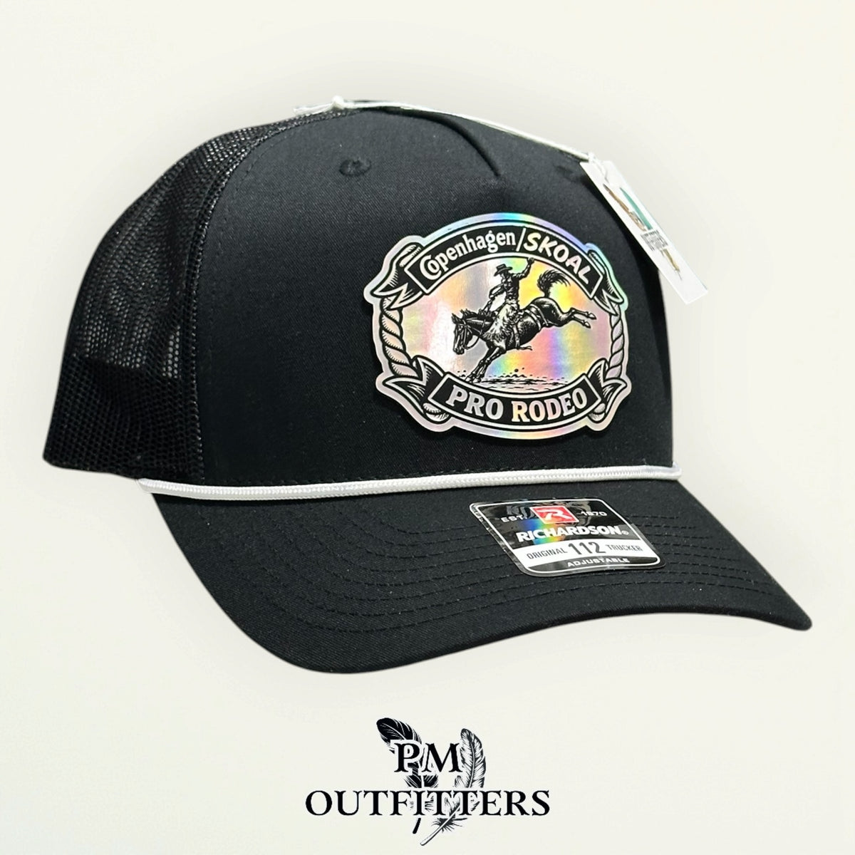 PM Outfitters hang tag Copenhagen Skoal Pro Rodeo black white trucker hat