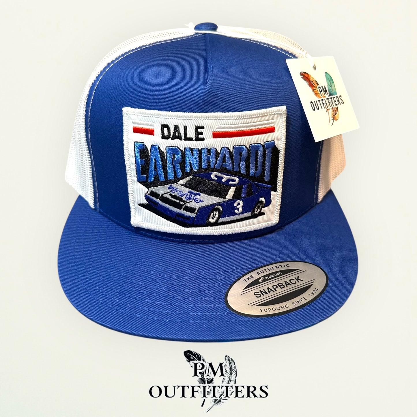 Dale Earnhardt Wrangler #3 NASCAR Trucker Hat — PM Outfitters Retro Patch | Yupoong Flat Bill Blue White Intimidator Heritage