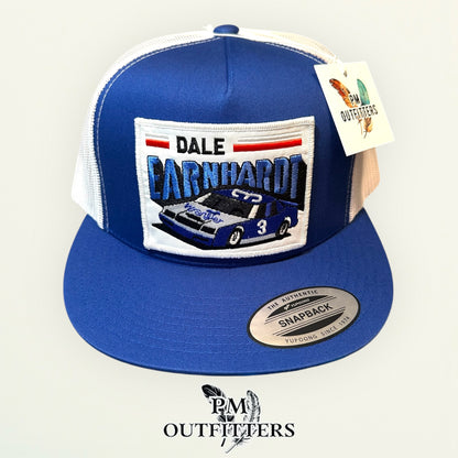 Dale Earnhardt Wrangler #3 NASCAR Trucker Hat — PM Outfitters Retro Patch | Yupoong Flat Bill Blue White Intimidator Heritage