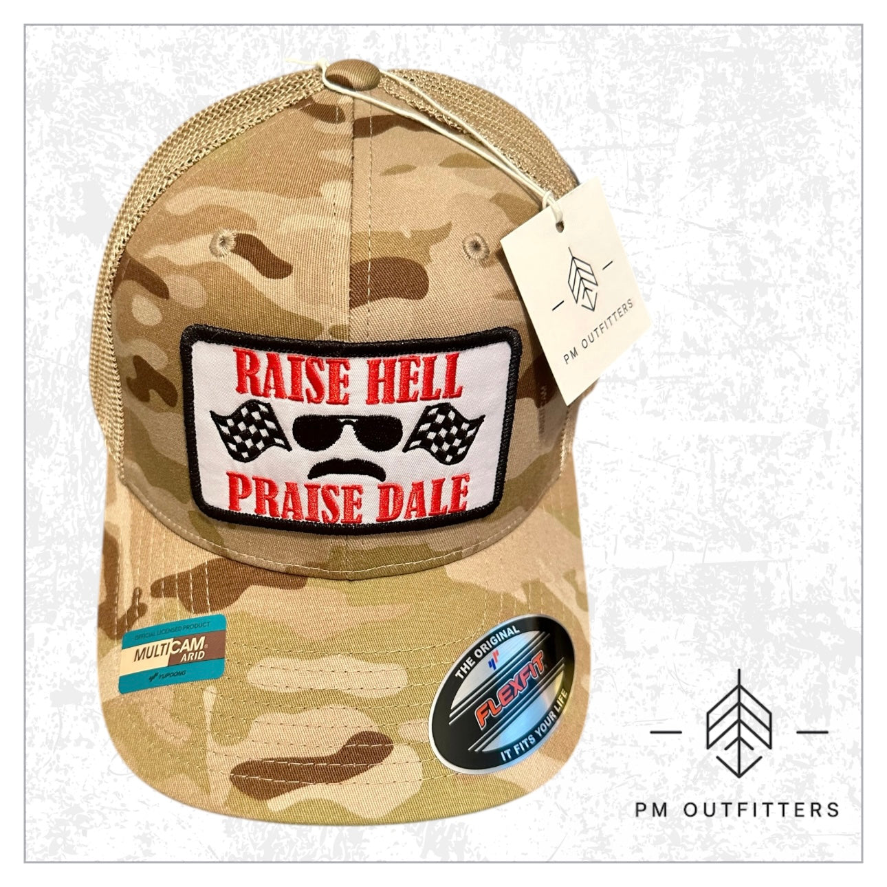 Raise Hell Praise Dale Retro NASCAR FlexFit Camo Trucker Hat