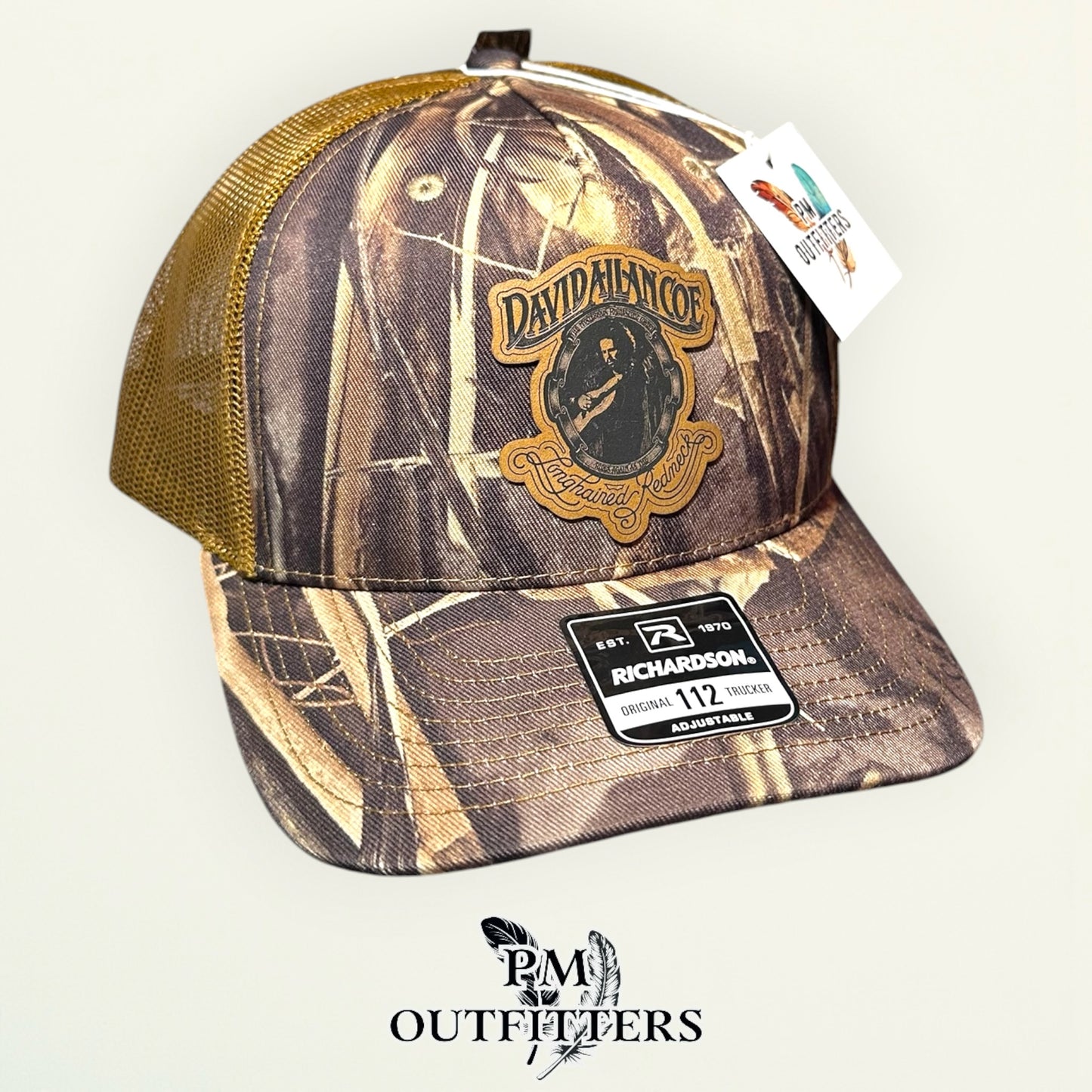 David Allan Coe Longhaired Redneck Tribute Hat — Laser Engraved Vegan Leather Patch | Richardson 112 Realtree Max-7 Camo | PM Outfitters