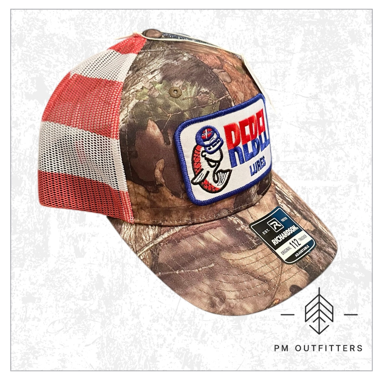 Rebel Lures Patch on Camo & American Flag Trucker Hat