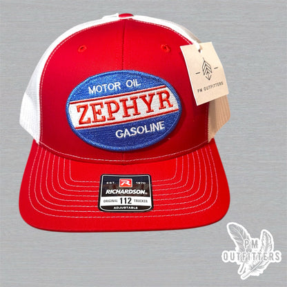 Vintage Zephyr Motor Oil & Gasoline Trucker Hat - Red & White Richardson 112
