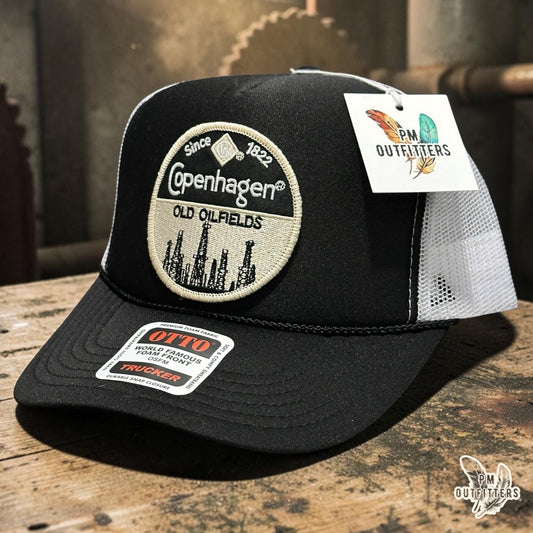 PM Outfitters Copenhagen Old Oilfields trucker hat black white Otto foam front rope embroidered patch