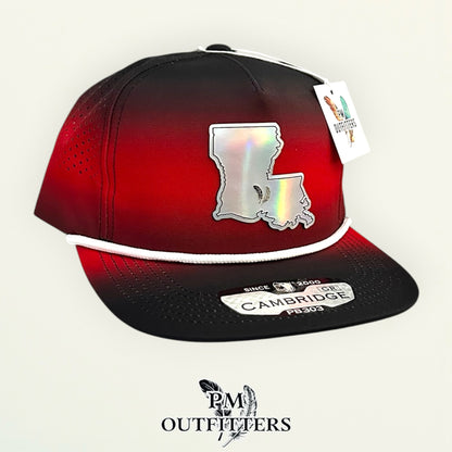PM Outfitters Louisiana Lafayette Tailgate Season holographic vegan leather Louisiana state outline patch trucker hat Lafayette two-feather logo black red gradient