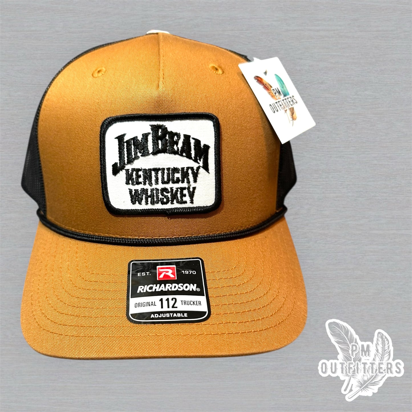 Vintage Jim Beam Kentucky Whiskey Patch Trucker Hat - Richardson 112 Caramel Black Rope