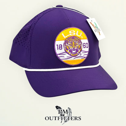 PM Outfitters LSU 1860 embroidered patch Outdoor Cap OC551PF purple white performance rope cap