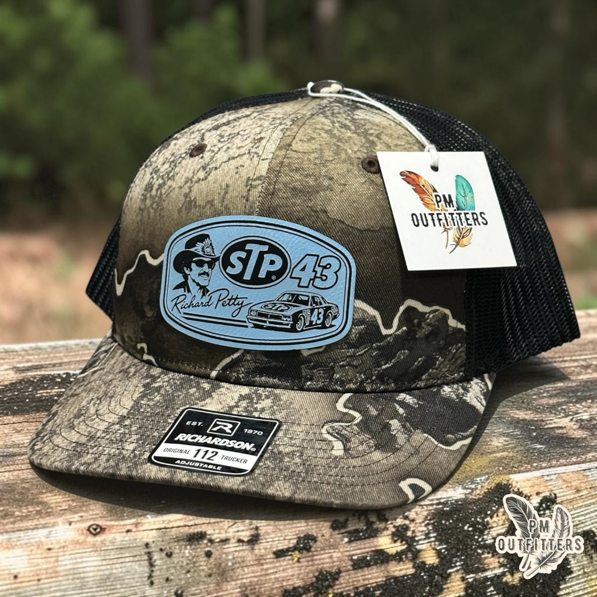 PM Outfitters Richard Petty STP 43 trucker hat Realtree Excape camo Richardson 112 patch