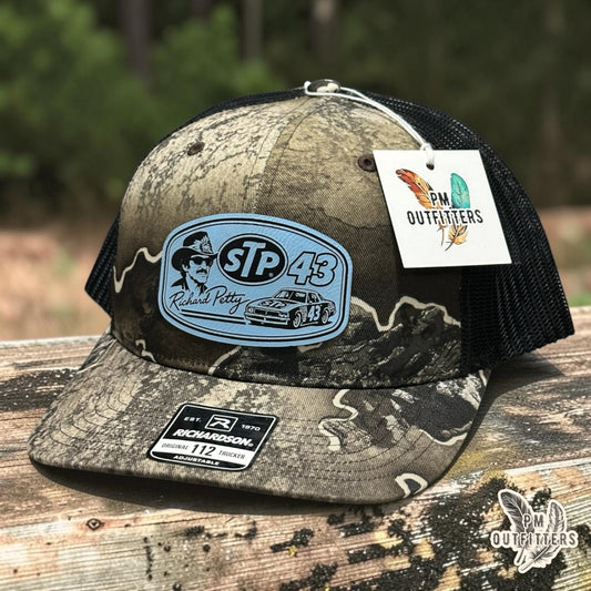 PM Outfitters Richard Petty STP 43 trucker hat Realtree Excape camo Richardson 112 patch