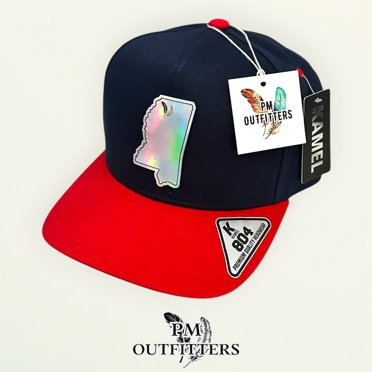 PM Outfitters Ole Miss Tailgate Season holographic vegan leather Mississippi state outline patch trucker hat Oxford two-feather logo navy red