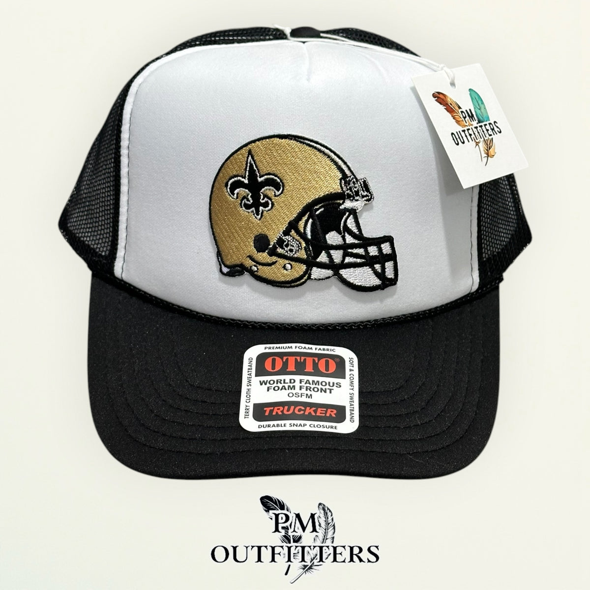 PM Outfitters New Orleans Saints helmet embroidered patch Otto foam front rope white black trucker hat